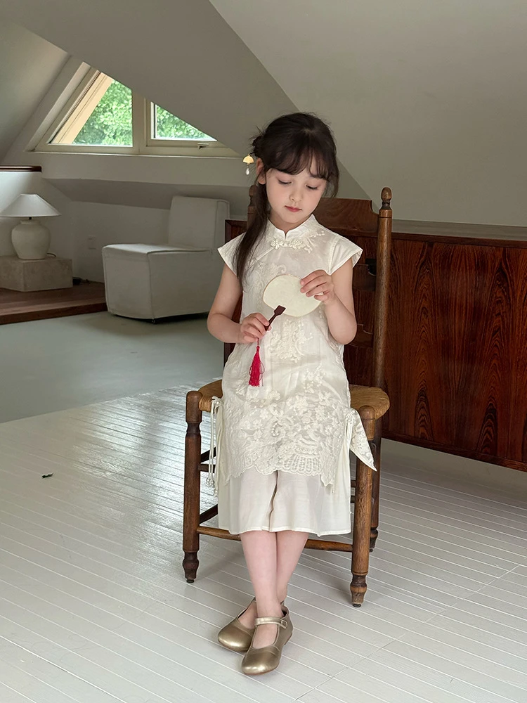 【新品】仙气汉服裙夏女童假两件中式国风绣花旗袍连衣裙25E019