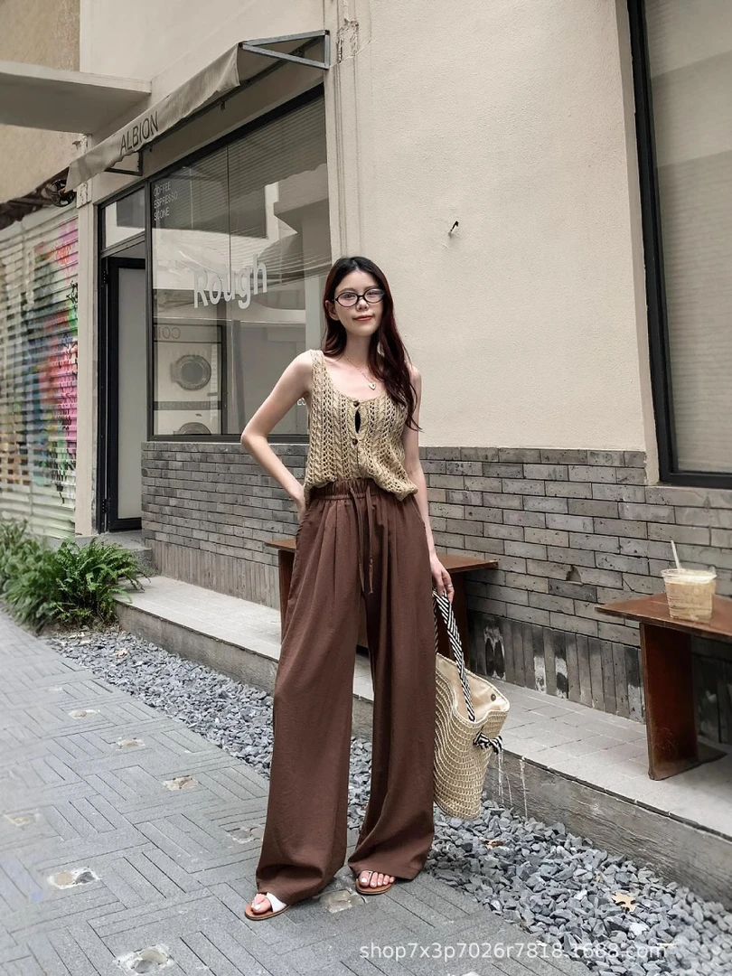 A491~A500秋季城市运动风纯色弯刀裤休闲裤复古夏季褶皱休闲