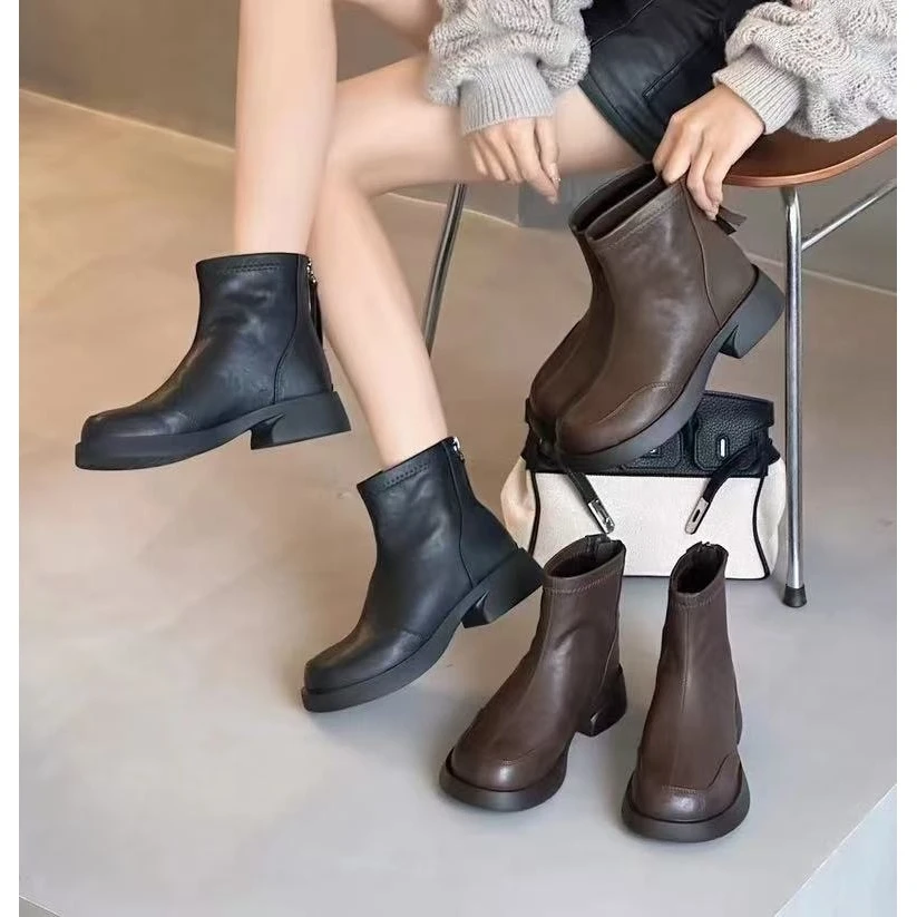 秋冬新款韩版通勤瘦瘦简约粗跟裸靴短靴LN20或96827(加绒)