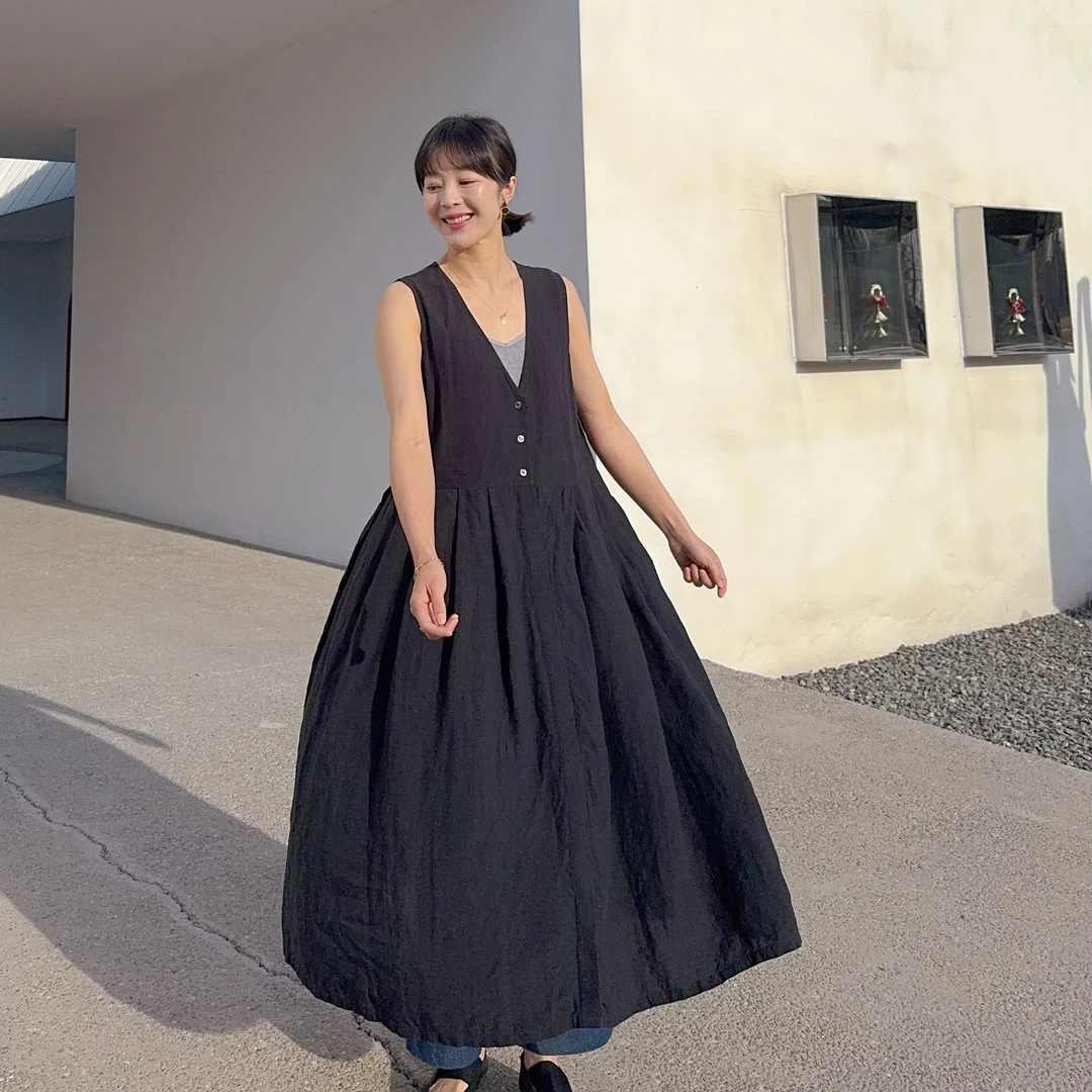 ikigai 100亚麻百褶无袖V领背心裙 2色