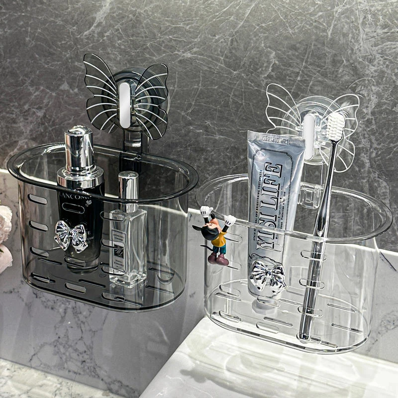 蝴蝶吸盘壁挂式免打孔不粘卫生间牙膏剃须刀梳子洗脸巾收纳置物架