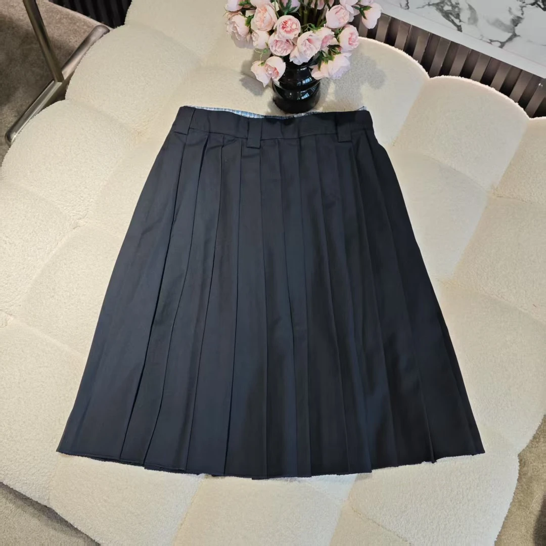 5348学院风蓝格子拼接百褶半身裙休闲百搭高腰百褶裙
