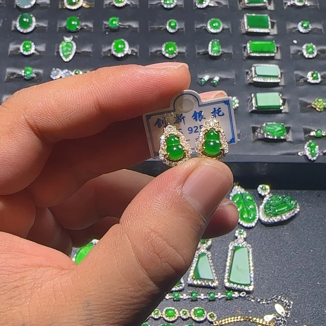 翡翠银S925镀金镶嵌耳饰