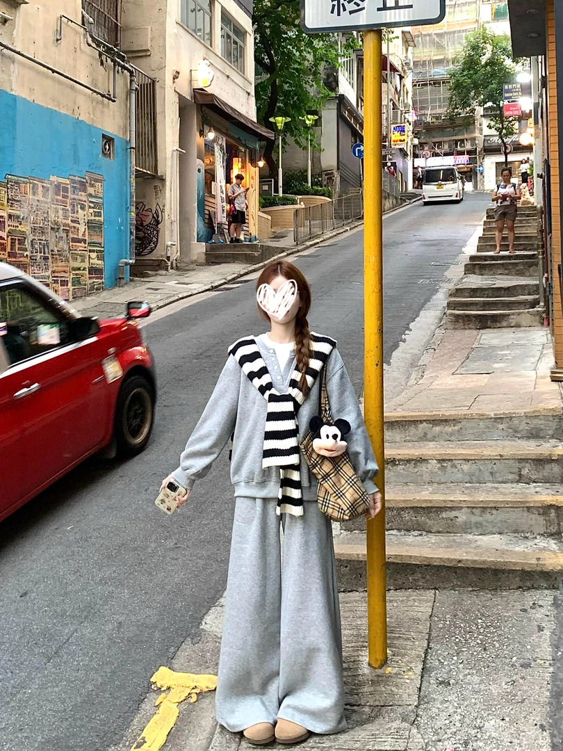 秋季韩系假两件卫衣套装2025新款早秋女休闲运动宽松两件套