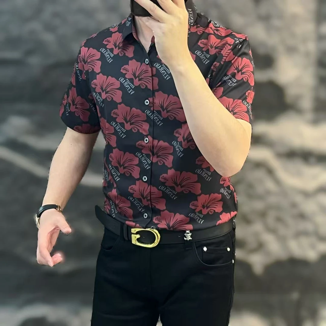 新款高端男士潮流百搭个性印花休闲衬衫PK9A7662