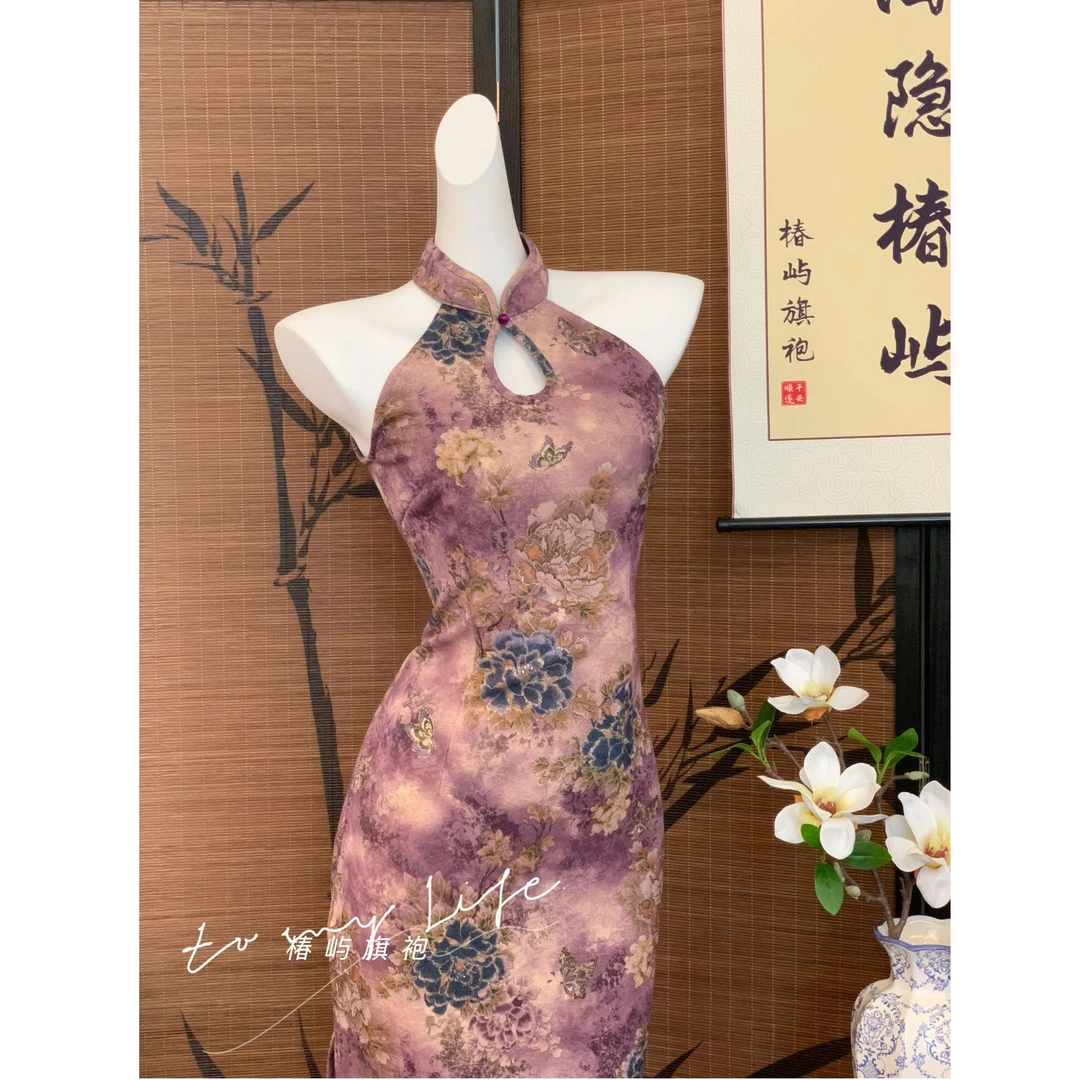 【槿色韶华】新中式挂脖旗袍裙早秋新款加厚复古弹力紫色连衣裙