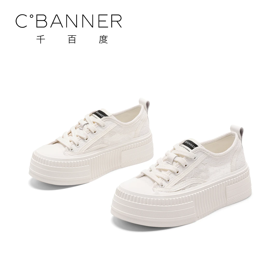 C.BANNER/千百度蕾丝网面透气小白鞋2025新款厚底百搭潮流休闲鞋