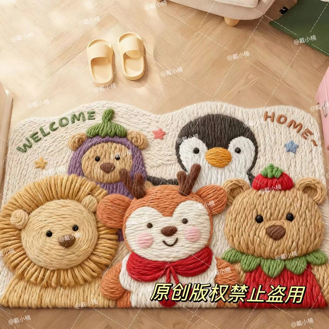 原创动物派对亚麻防滑耐磨吸水加厚入户地垫