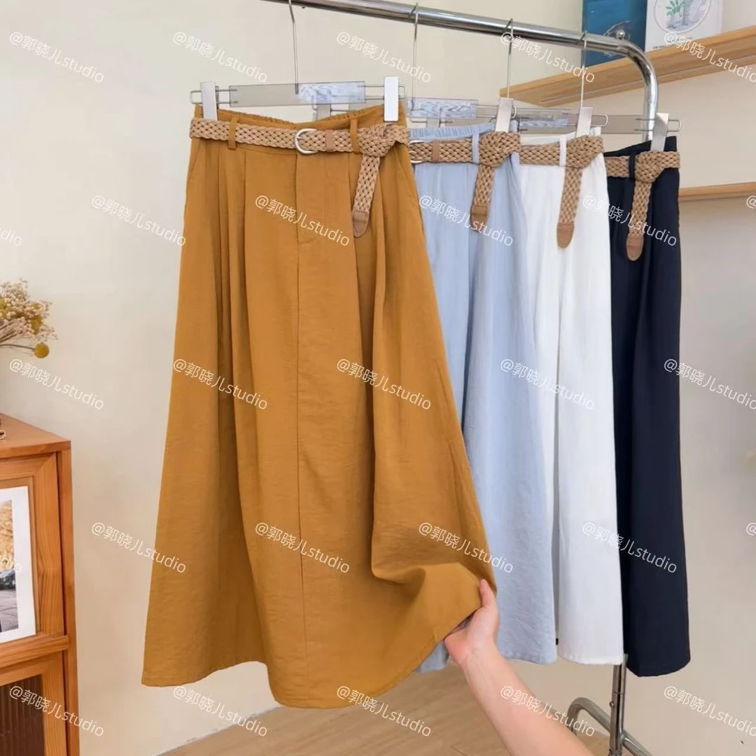 棉麻中长款半身裙文艺大摆A字裙配编织皮带 日韩系松弛感25037