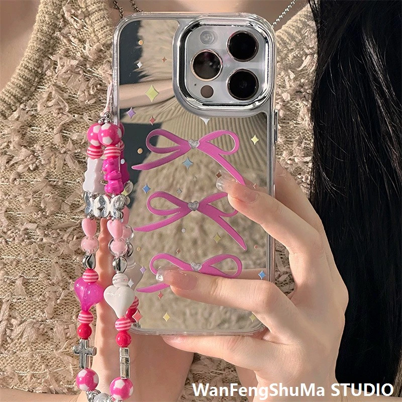 【粉蝴蝶结】适用苹果16镜面手机壳华为荣耀vivo小米oppo补妆防摔壳