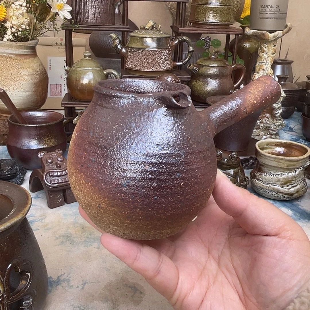 陶柴烧侧把烤茶罐