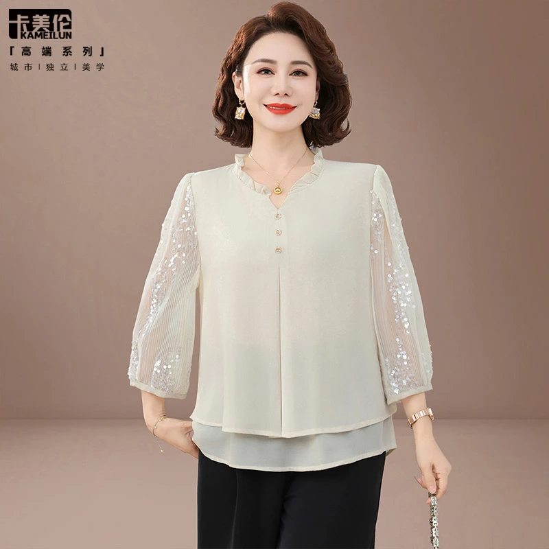 贵夫人品牌妈妈夏装2025新款雪纺小衫套装中老年女春秋上衣两件套