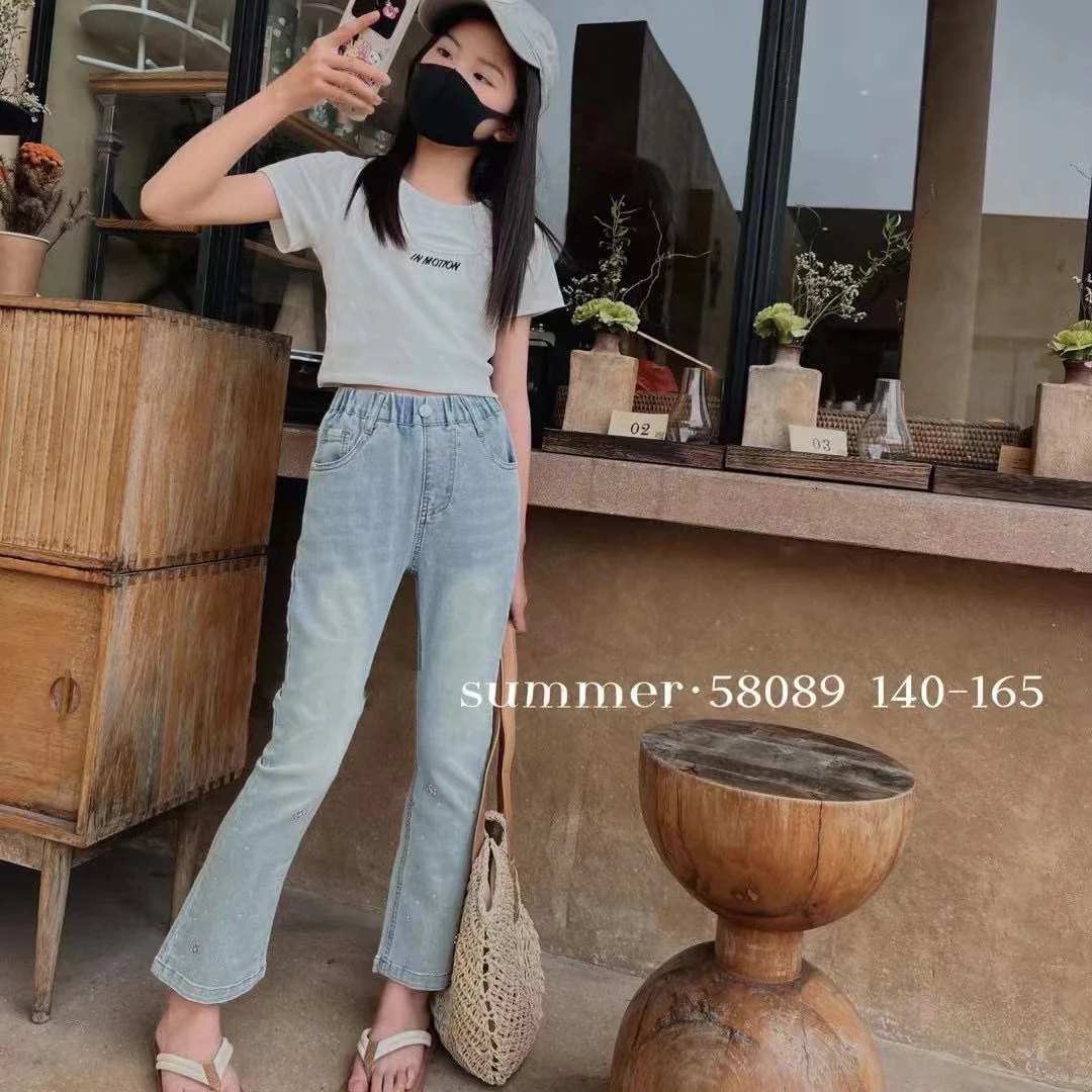 小文童学女童喇叭裤牛仔裤夏季9分薄款新品58089时尚百搭童装儿童