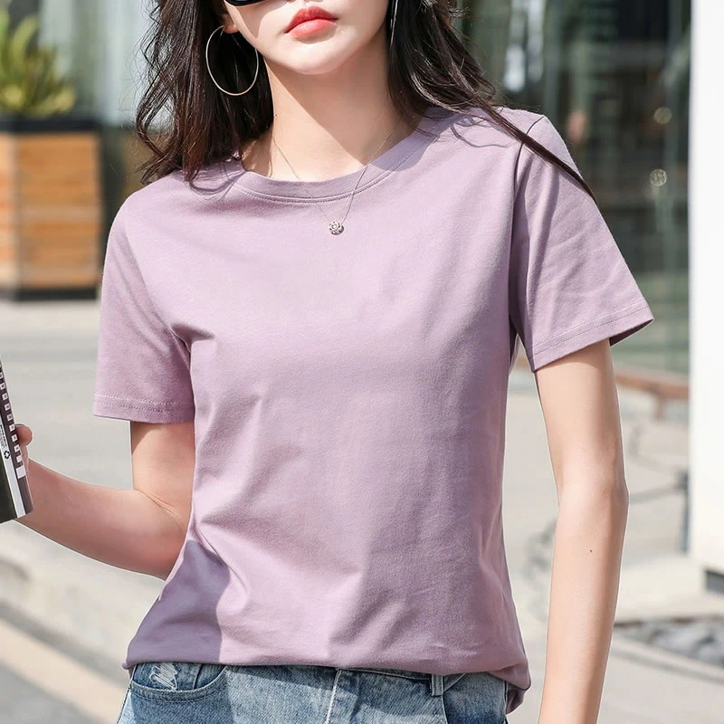 圆领纯色上衣服夏季宽松全棉短袖打底衫T恤女