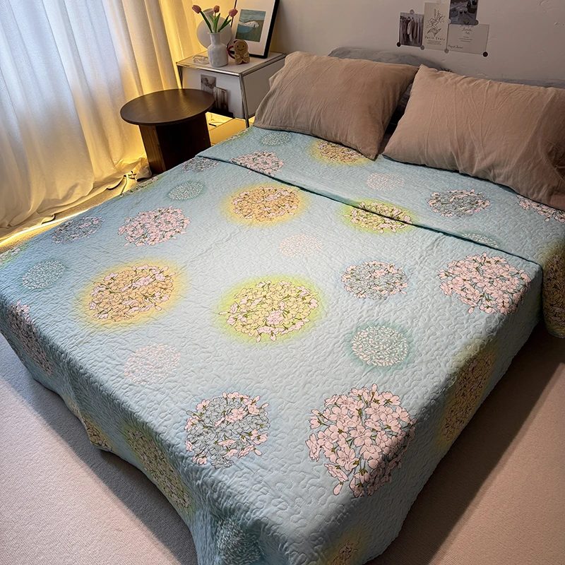 浅蓝花韵四季通用加厚床盖榻榻米床单多功能亲肤防滑大床三层夹棉