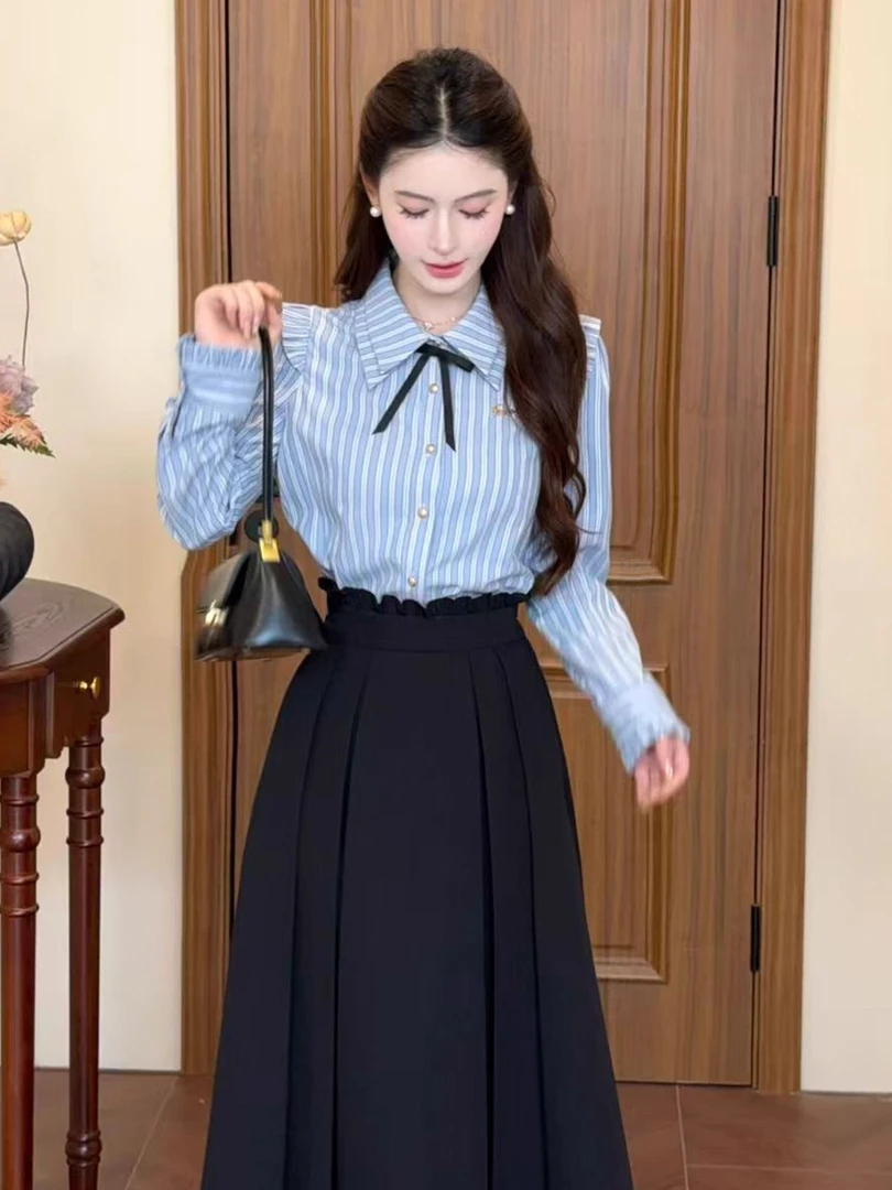 LiLi李李家东京日记学院风条纹衬衫半裙套装XMZH9379