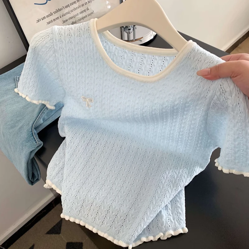 自留爆款蝴蝶结刺绣冰丝针织短袖t恤女夏季撞色气质修身显瘦上衣