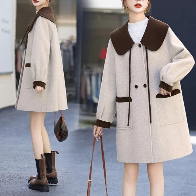 娃娃领呢子大衣2025年秋冬季新款时尚简约拼色毛呢子外套中长款