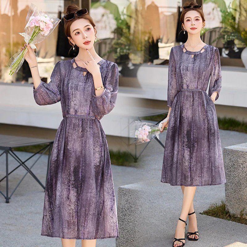 2025新款夏季碎花夏装气质连衣裙紫色长裙裙子