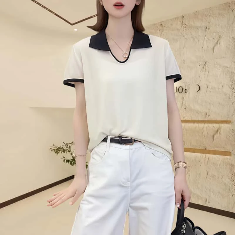 法式polo领撞色针织短袖上衣女2025夏季时尚设计感小众别致短款