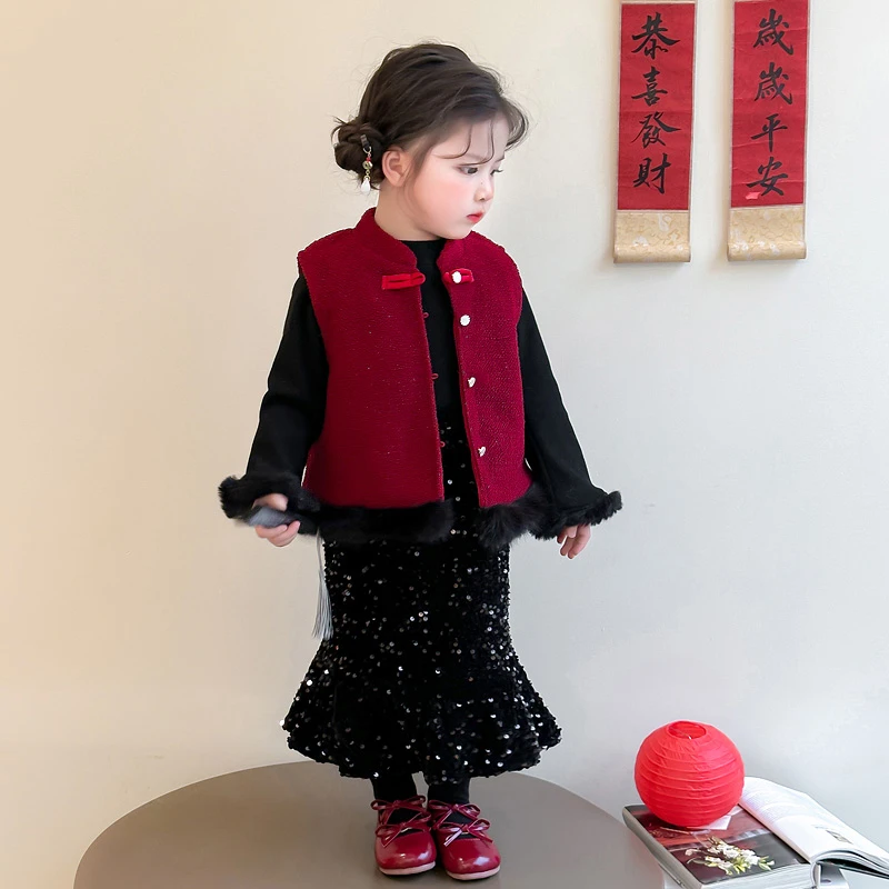 女童拜年服冬季2025新款儿童红色新年衣服女宝宝过年服中国风冬装