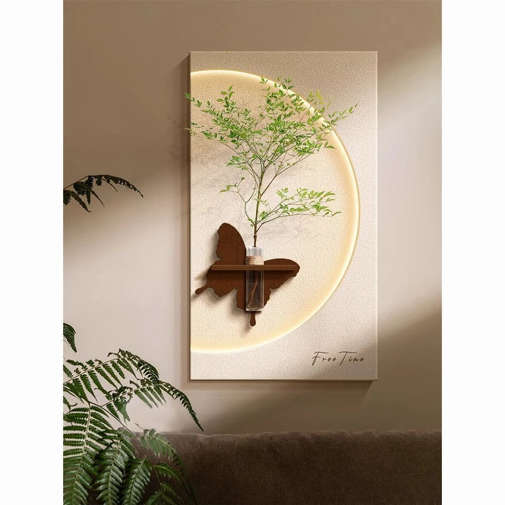 奶油风客厅装饰画创意水培绿植灯光画高档玄关挂画入户正对门壁画