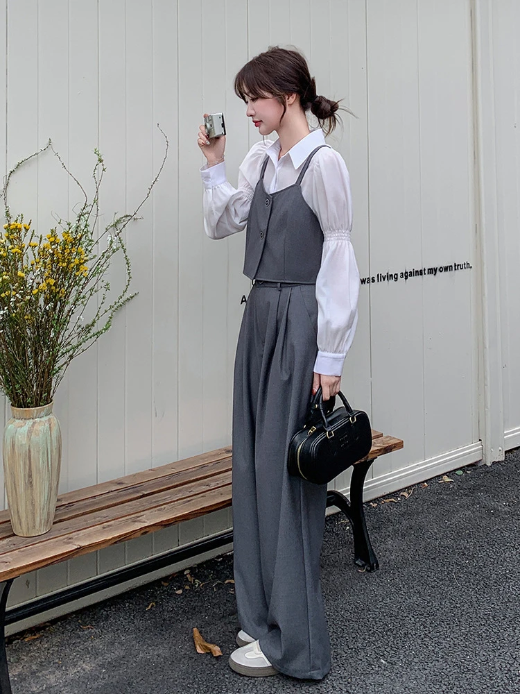 【法式吊带衬衫时套装女2025开春职场穿搭吊带背心衬衫裤子一整套