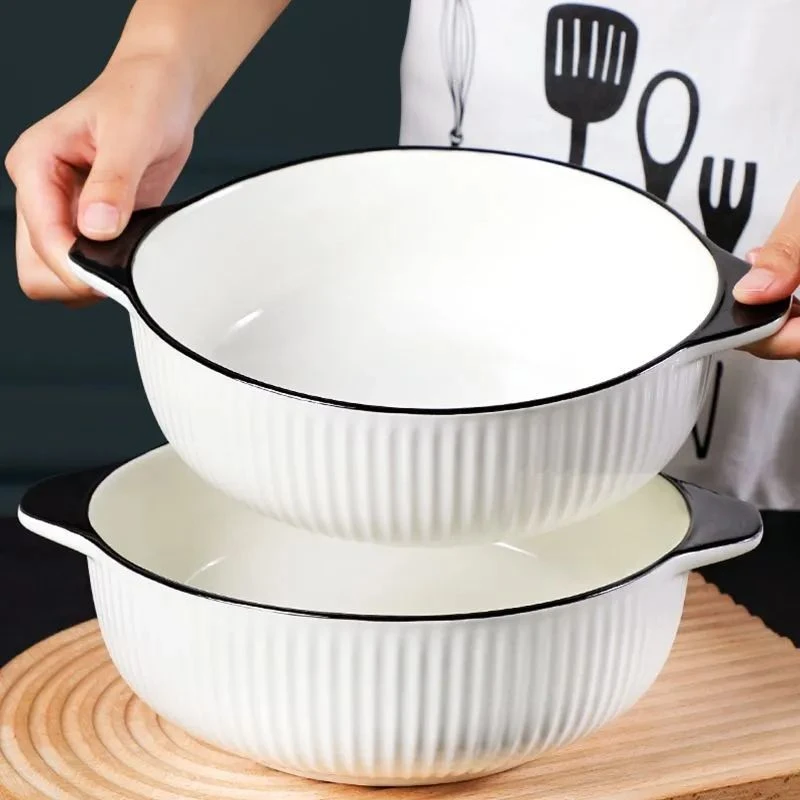 条纹家用10.5英寸山田大号防烫双耳汤碗日式简约竖纹汤盆