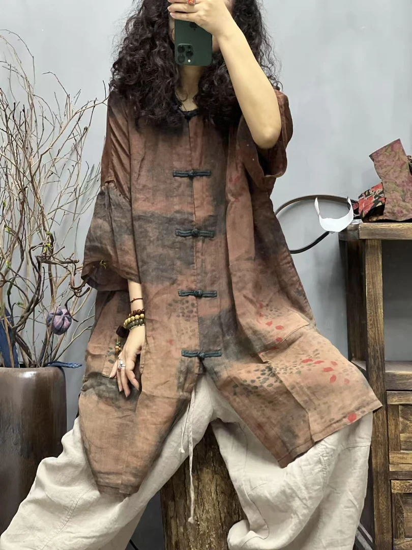 FF 6832 夏季新品复古花色中长款文艺盘扣女士开衫 胸围148长88