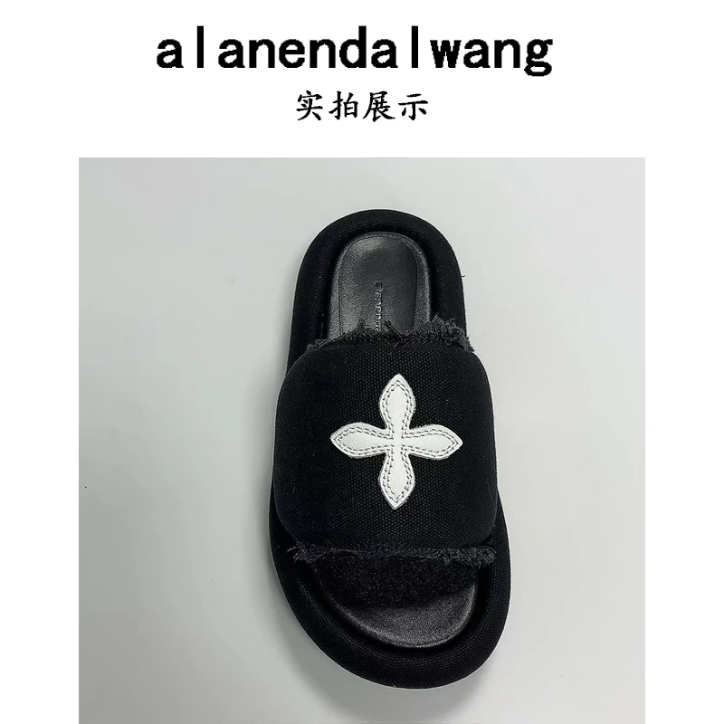 【老周手工女鞋】新款时尚百搭黑平底帆布拖鞋厚底内增高一字拖外穿