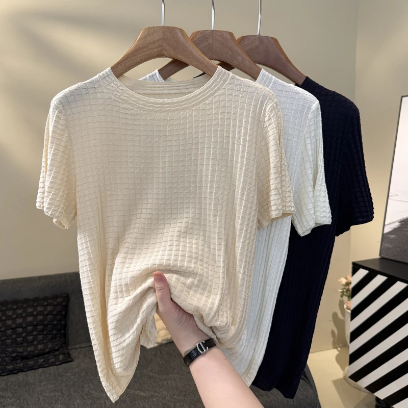 莱赛尔醋酸华夫格短袖女夏季针织短袖Q弹面料上衣显瘦