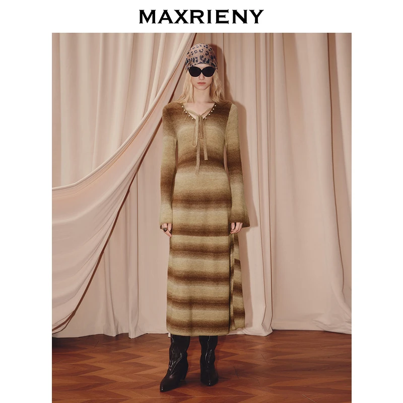 【若谷大大】MAXRIENY穿搭连衣裙25秋款渐变条纹收腰针织长袖长裙