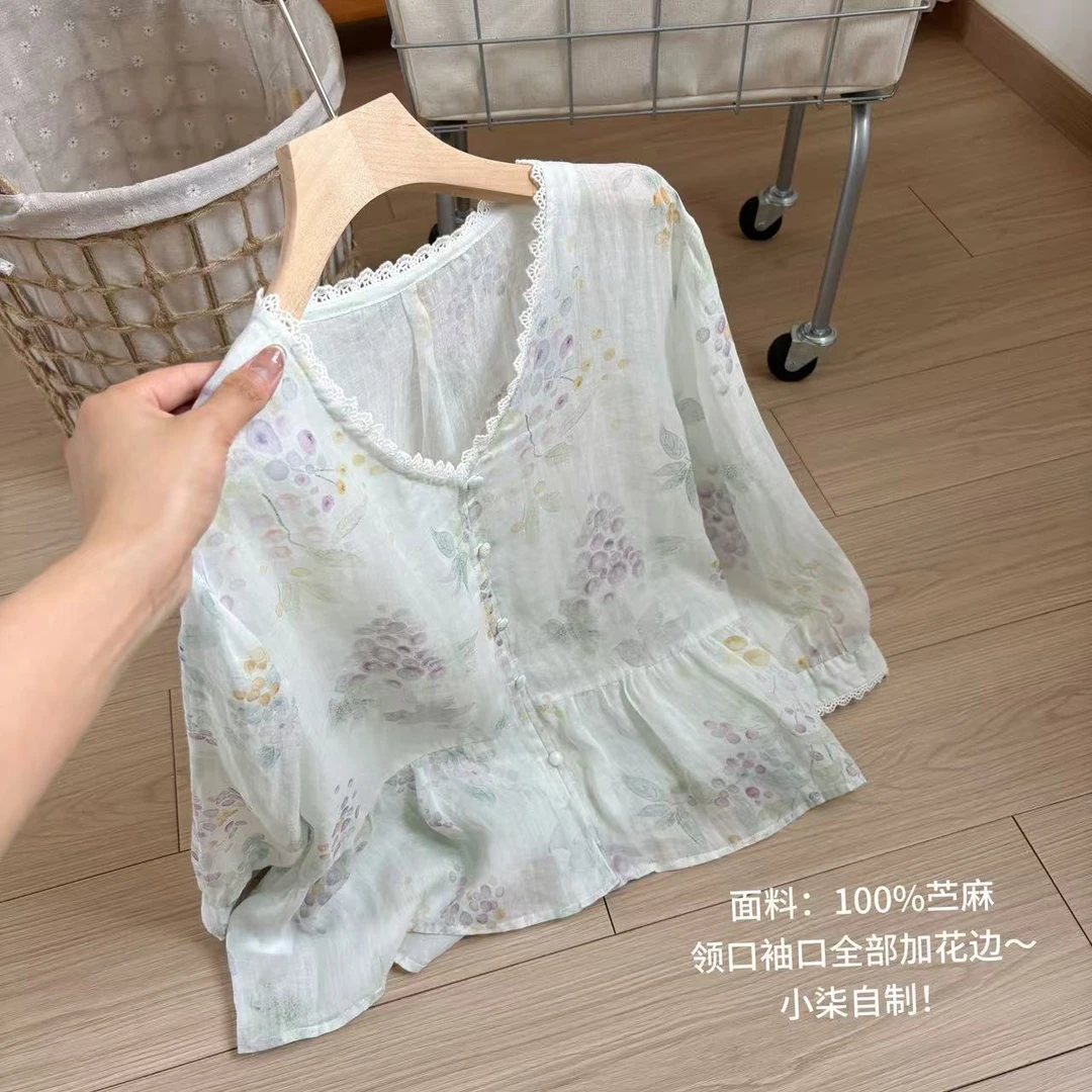 小柒家A0074-夏季文艺范纯苎麻印花V领九分袖衬衫女宽松显瘦衬衫