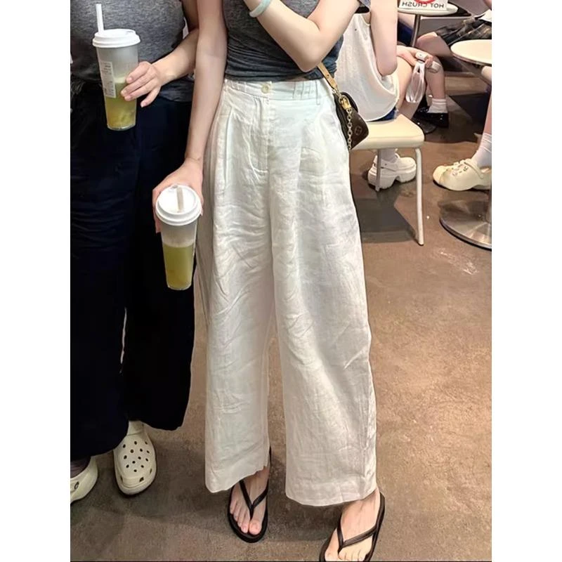 欧货高端亚麻阔腿裤女夏季轻薄宽松高腰垂感小个子休闲九分直筒裤