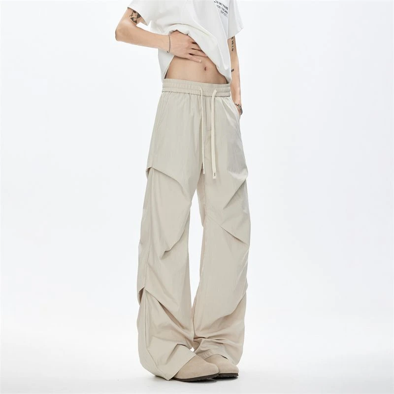 2025夏季爆款冰丝伞兵裤男生美式潮牌褶皱薄款速干宽松直筒休闲裤