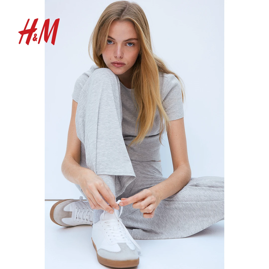 HM2025春季新款女装流光风休闲简约柔软汗布修身短袖T恤1210630