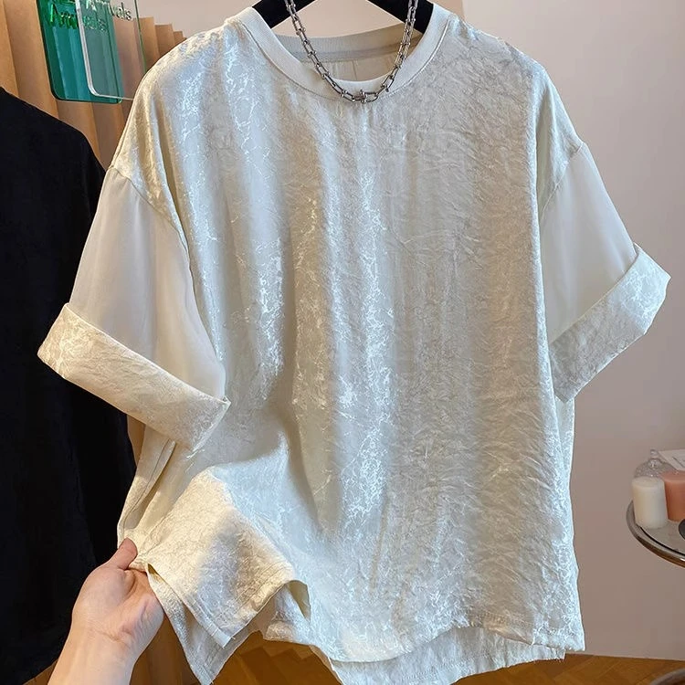特大码时尚胖mm新中式国风短袖t恤女夏季新款网纱拼接宽松上衣潮