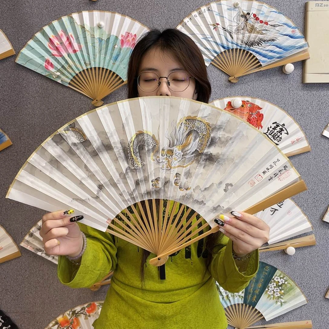 书法95寸玉竹-纯手绘-文玩扇骨（默认粘好）