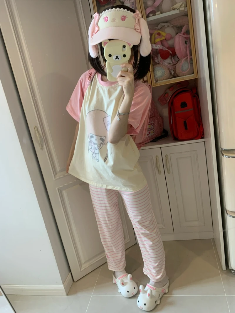 少女与樱原创【天生萌•粉】日系亚文化宅系二次元可爱萌印花T恤裤子