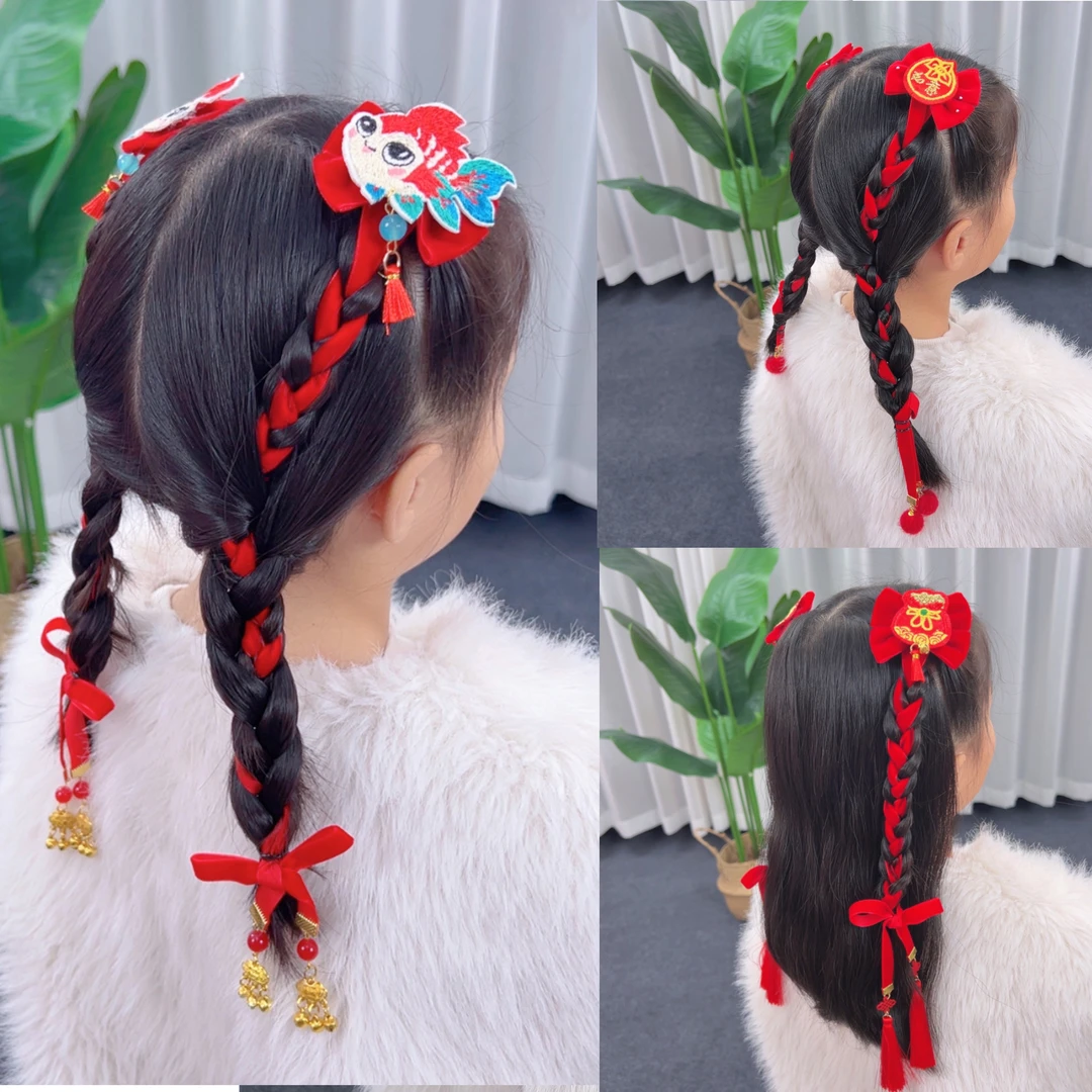 儿童新年红色蝴蝶结编发发带甜美头饰