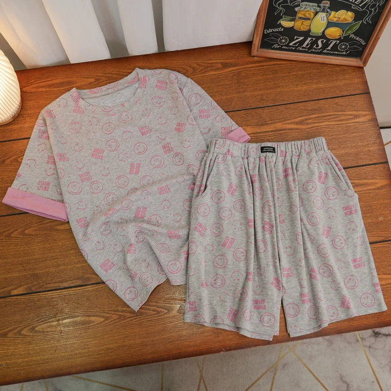 夏季睡衣女新款灰粉笑脸双短女休闲百搭家居服套装-544