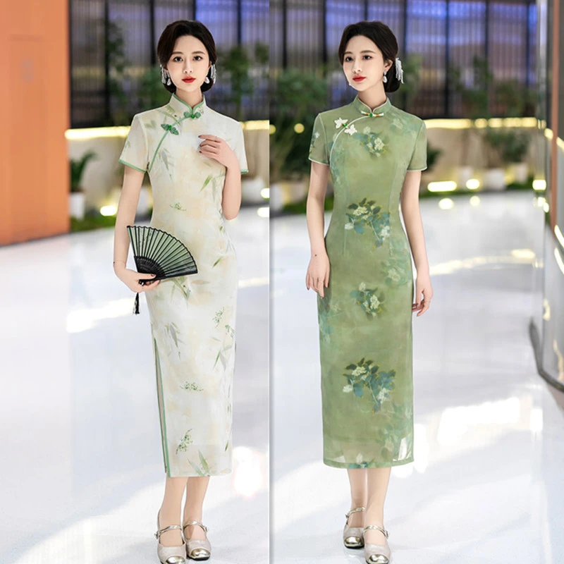 绿色网纱长款短袖旗袍2025春新款复古国风改良新中式送考妈妈旗袍