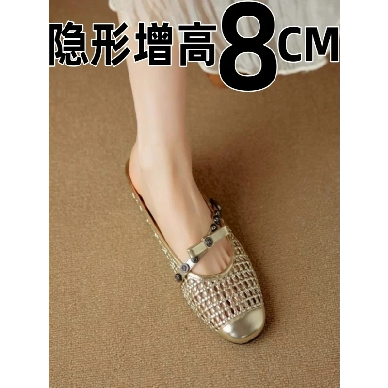 超软小羊皮革内增高女鞋方头小个粗跟包头半拖鞋不累脚银色穆勒鞋