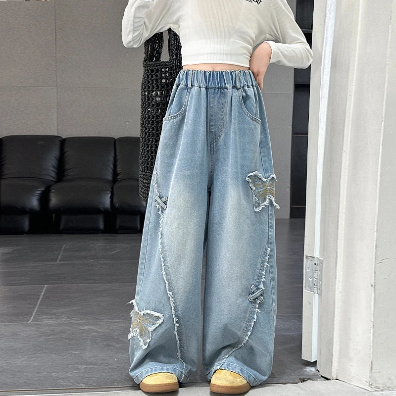 女童蝴蝶贴布牛仔阔腿裤韩范宽松2025新款中大童裤子慵懒显瘦