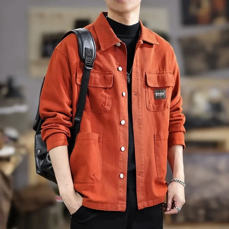 秋季新款水洗多口袋工装夹克男纯棉翻领外套加绒加厚外套小众设计