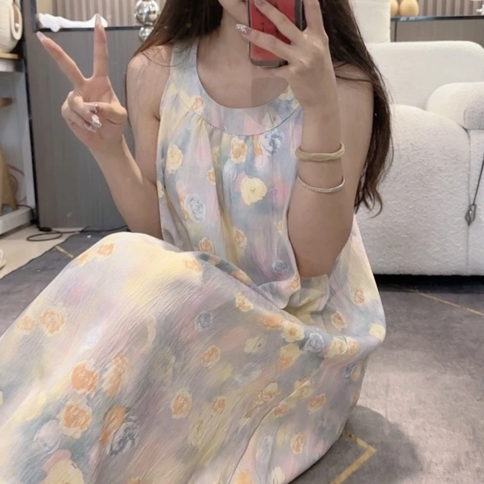 【带胸垫】新款蓝色晕染睡裙女款睡衣夏季可外穿居家服背心裙爆款