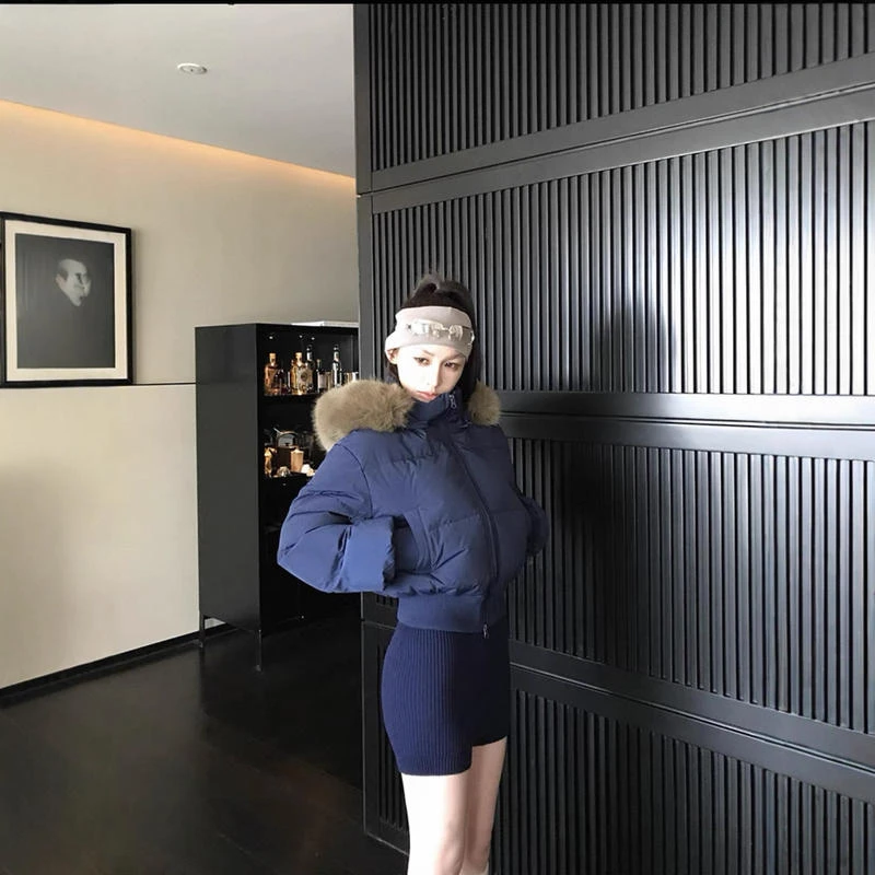 毛领连帽白色棉服女2025冬季新款美式加厚保暖短款面包服棉衣外套