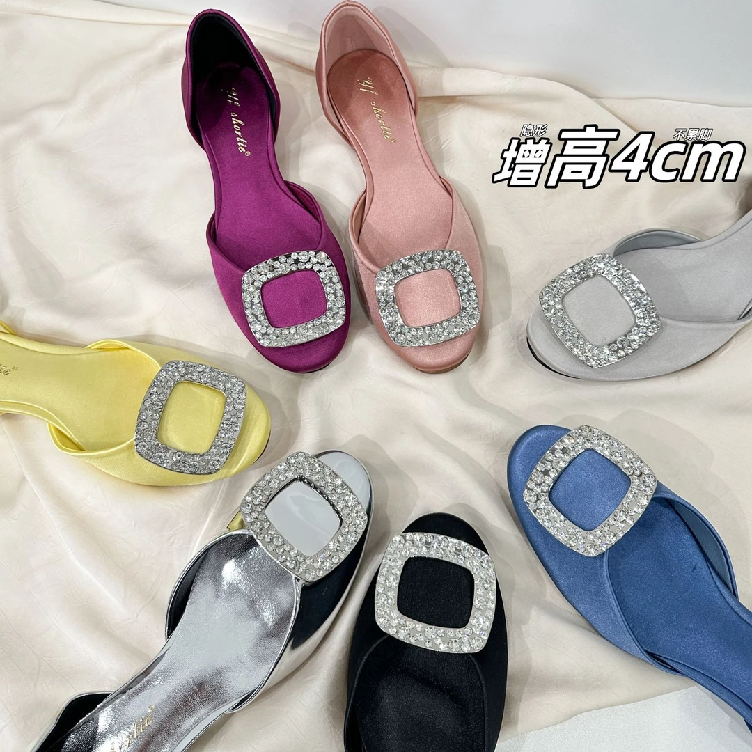 小个子内增高4cm经典款中空单鞋方扣水钻法式气质浅口方头女凉鞋