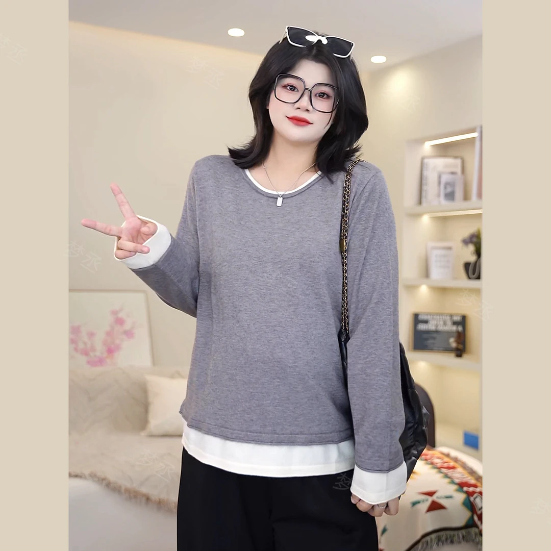 梦丞-冬季胖mm大码女装宽松显瘦遮肉圆领撞色假两件针织长袖上衣