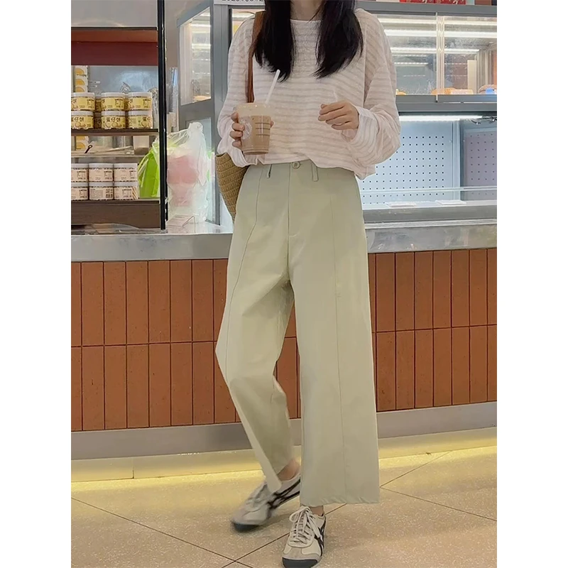 卡绿色裤子女2025新款胖妹妹宽松显瘦小个子高腰直筒裤九分休闲裤